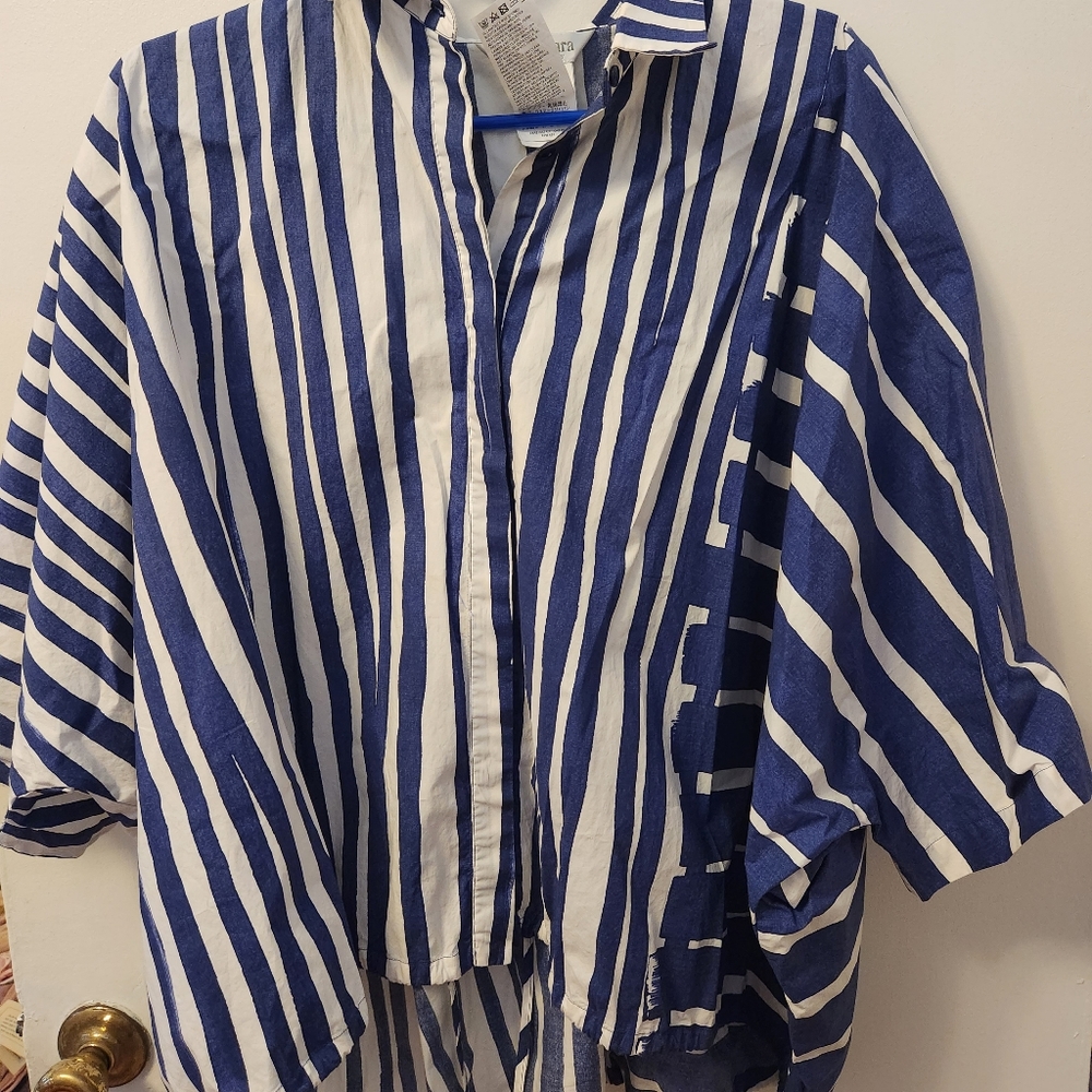 MaxMara Women 12 Blue White Striped Oversized Blouse Top Button Front Tie Bottom